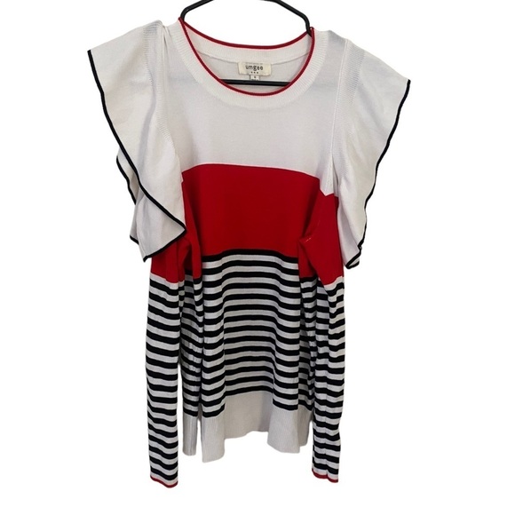 Umgee Flutter Sleeve Cold Shoulder Striped Top Size Small EUC Rayon Holiday - Picture 2 of 6